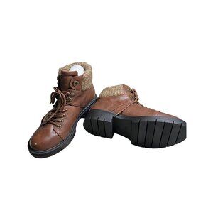 SZ 8.5 Ladies Brown Ankle Boots With Knit Trim Rugged Sole